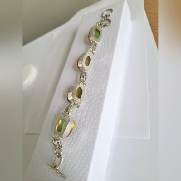 Vintage Boho Sterling Silver Yellow Rainbow Topaz Oval Chain Link Bracelet - Picture 8 of 9